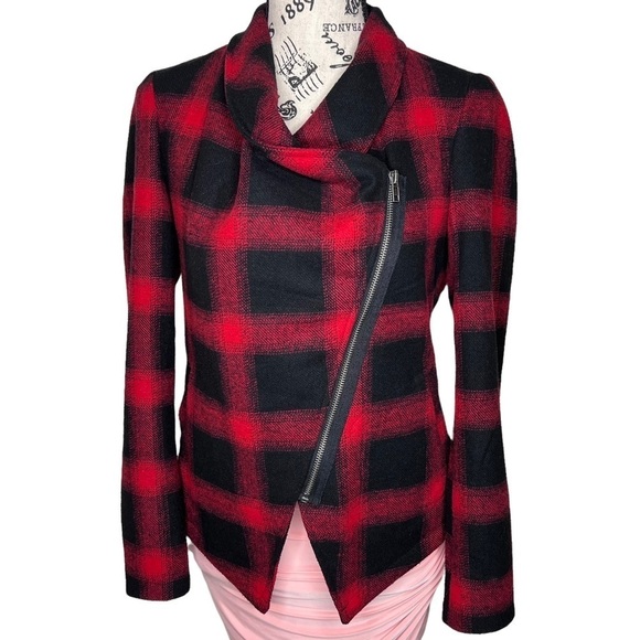 BB Dakota Lilymay Jacket Size XS Red Black Plaid Asymmetric Zip Wool Blend Boho - Picture 2 of 16